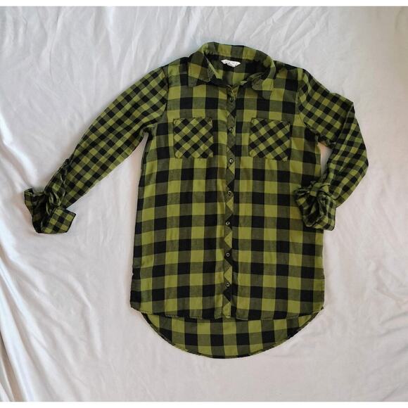 Est 1946 Juniors XS Plaid Button Up Top Green Black Long Roll Tab Sleeves XSmall - Picture 14 of 15
